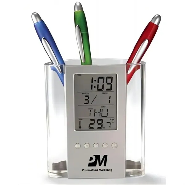 LCD Digital Calendar Alarm Clock Desk Pen Holder Organizer - LCD Digital Calendar Alarm Clock Desk Pen Holder Organizer - Image 0 of 3