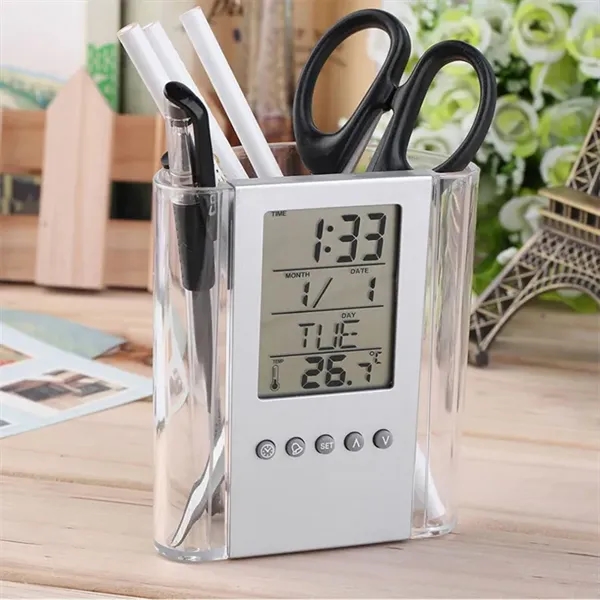 LCD Digital Calendar Alarm Clock Desk Pen Holder Organizer - LCD Digital Calendar Alarm Clock Desk Pen Holder Organizer - Image 3 of 3
