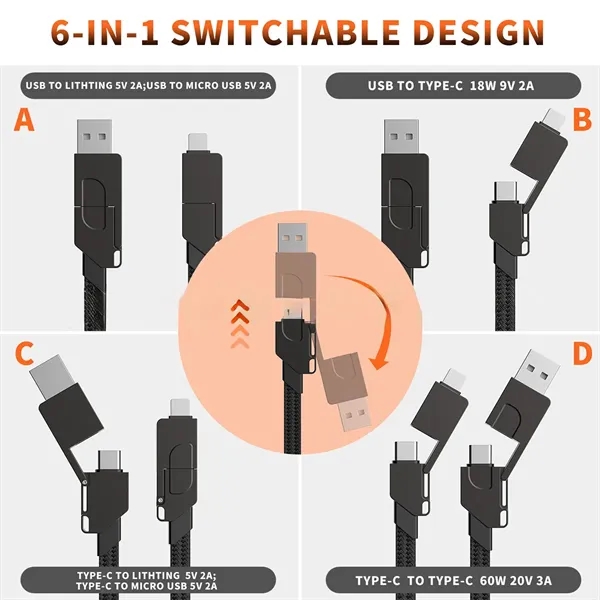 6-In-1 Portable Keychain 60W Fast Charging Cable - 6-In-1 Portable Keychain 60W Fast Charging Cable - Image 1 of 5