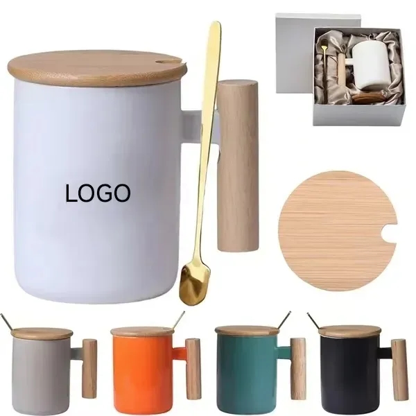 13oz Wooden Handle Coffee Mug With Stir Spoon - 13oz Wooden Handle Coffee Mug With Stir Spoon - Image 0 of 4