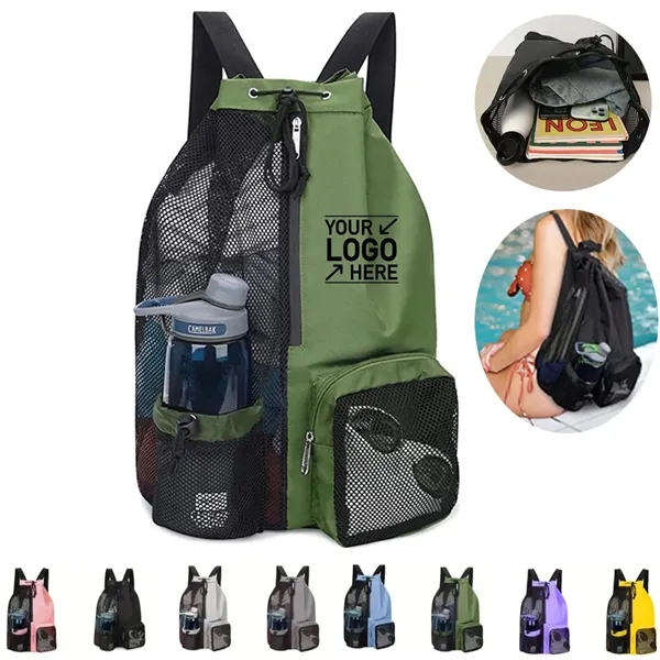 Beach Mesh Drawstring Backpack with Wet Pocket - Beach Mesh Drawstring Backpack with Wet Pocket - Image 0 of 3
