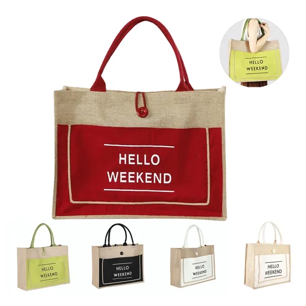 Jute Tote Bag with Handles Button Closure - Jute Tote Bag with Handles Button Closure - Image 0 of 10