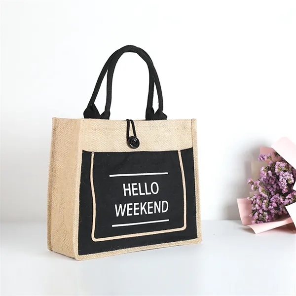 Jute Tote Bag with Handles Button Closure - Jute Tote Bag with Handles Button Closure - Image 1 of 10