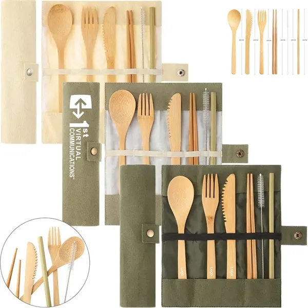 Reusable Bamboo Cutlery Set with Travel Pouch - Reusable Bamboo Cutlery Set with Travel Pouch - Image 0 of 3