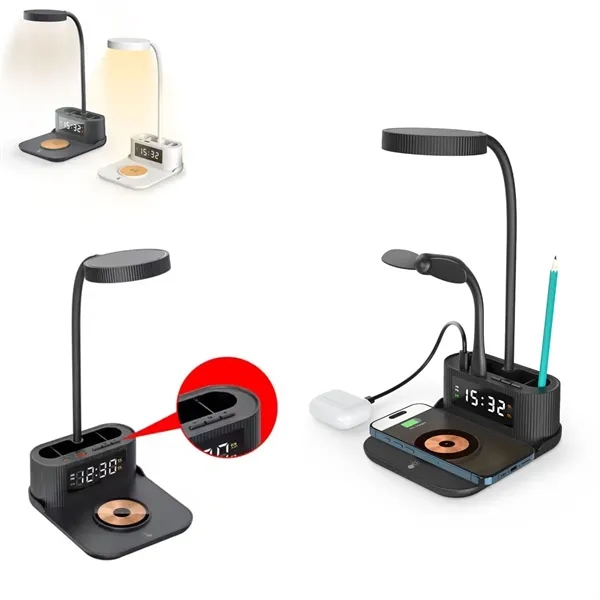 Desk Lamp with 15 Wireless Charger, Clock, and Pen Holder - Desk Lamp with 15 Wireless Charger, Clock, and Pen Holder - Image 0 of 3
