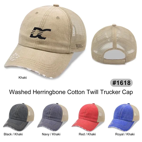 6 Panel Herringbone Low Profile Distressed Trucker Cap - 6 Panel Herringbone Low Profile Distressed Trucker Cap - Image 0 of 5