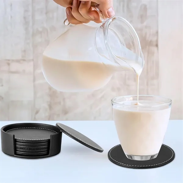 Set of 6 Leather Drink Coasters Round Cup Mat Pad - Set of 6 Leather Drink Coasters Round Cup Mat Pad - Image 4 of 7