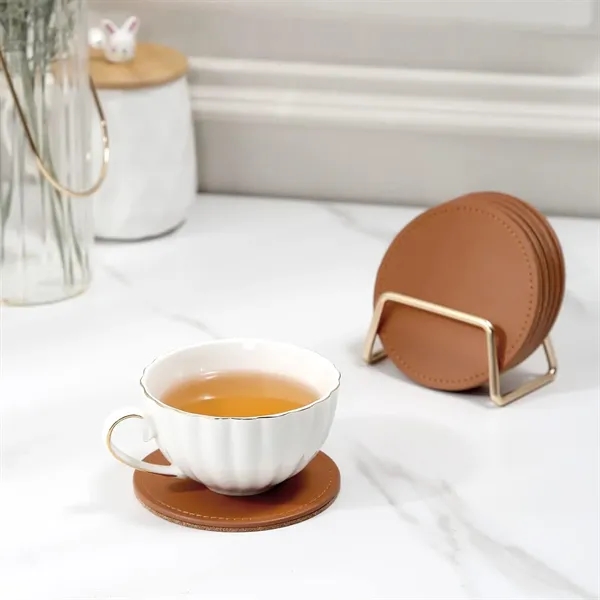 PU Leather Drink Coasters with Metal Holder Stand Set of 6, - PU Leather Drink Coasters with Metal Holder Stand Set of 6, - Image 3 of 7