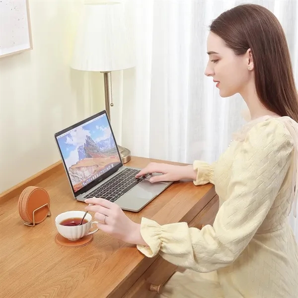 PU Leather Drink Coasters with Metal Holder Stand Set of 6, - PU Leather Drink Coasters with Metal Holder Stand Set of 6, - Image 6 of 7