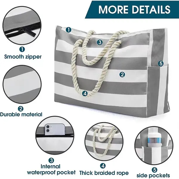 Large Waterproof Beach Tote Bag with Zipper - Large Waterproof Beach Tote Bag with Zipper - Image 1 of 3