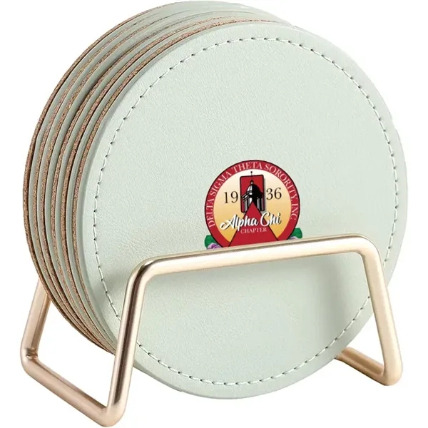 PU Leather Drink Coasters with Metal Holder Stand Set of 6, - PU Leather Drink Coasters with Metal Holder Stand Set of 6, - Image 1 of 7