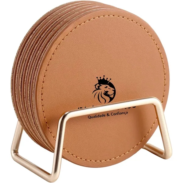 PU Leather Drink Coasters with Metal Holder Stand Set of 6, - PU Leather Drink Coasters with Metal Holder Stand Set of 6, - Image 0 of 7