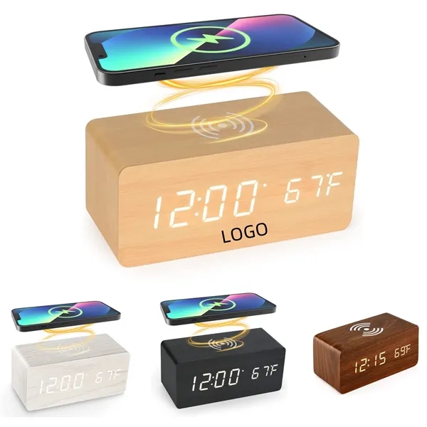 Wooden Color Digital Alarm Clock with Wireless Charging - Wooden Color Digital Alarm Clock with Wireless Charging - Image 0 of 5