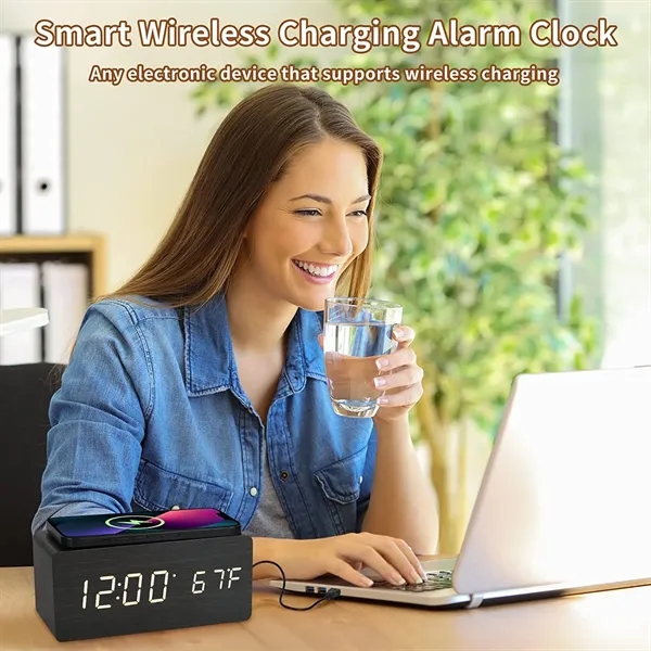 Wooden Color Digital Alarm Clock with Wireless Charging - Wooden Color Digital Alarm Clock with Wireless Charging - Image 1 of 5