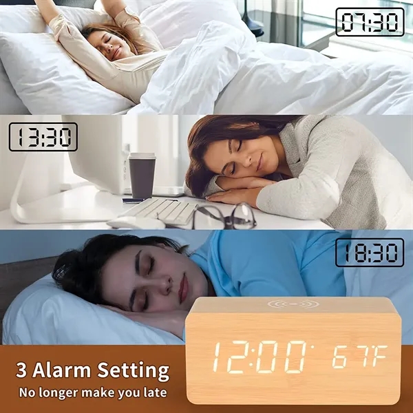 Wooden Color Digital Alarm Clock with Wireless Charging - Wooden Color Digital Alarm Clock with Wireless Charging - Image 2 of 5