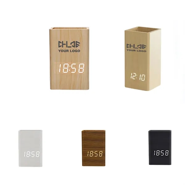 Elegant Wooden Pen Holder with Digital Clock - Elegant Wooden Pen Holder with Digital Clock - Image 0 of 1