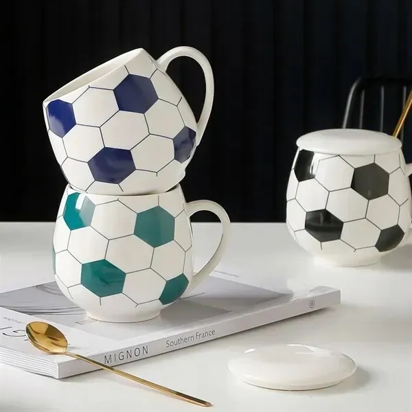 Soccer Shape Ceramic Coffee Tea Mug with Lid - Soccer Shape Ceramic Coffee Tea Mug with Lid - Image 4 of 4