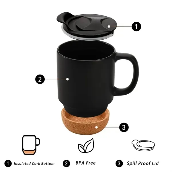 13.5oz Ceramic Coffee Mugs with Cork Bottom and Lid - 13.5oz Ceramic Coffee Mugs with Cork Bottom and Lid - Image 2 of 4