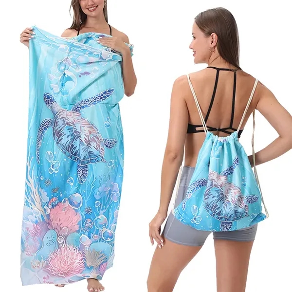 2-In-1 Microfiber Beach Towel Drawstring Backpack - 2-In-1 Microfiber Beach Towel Drawstring Backpack - Image 3 of 3