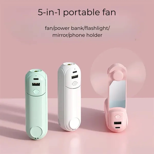 5 in 1 Portable Handheld Fan with Power Bank Mirror - 5 in 1 Portable Handheld Fan with Power Bank Mirror - Image 2 of 5