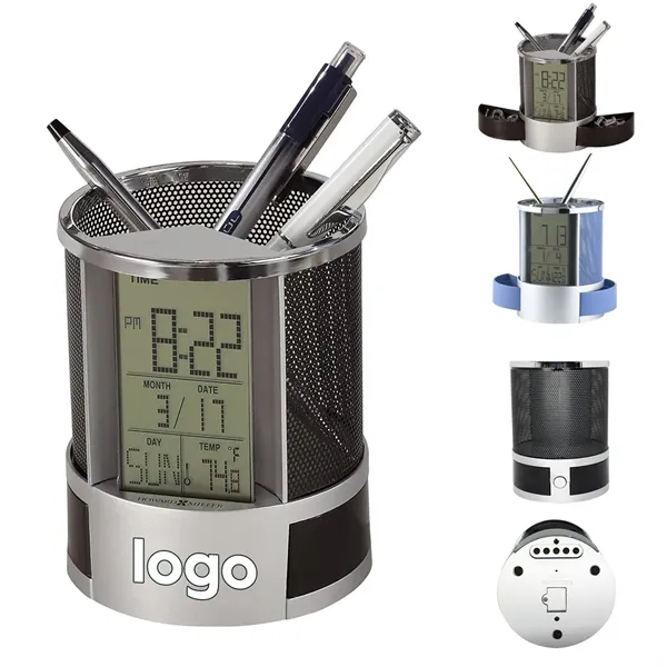Digital Alarm Clock Pen Holder with Calendar - Digital Alarm Clock Pen Holder with Calendar - Image 0 of 2