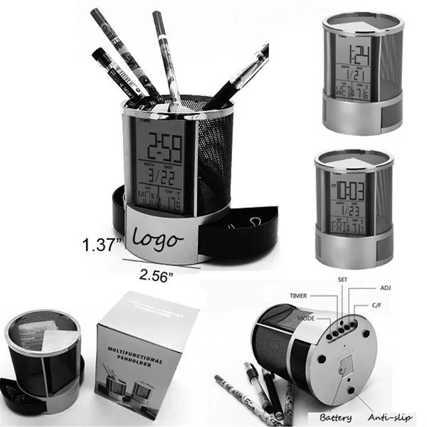 Digital Alarm Clock Pen Holder with Calendar - Digital Alarm Clock Pen Holder with Calendar - Image 1 of 2