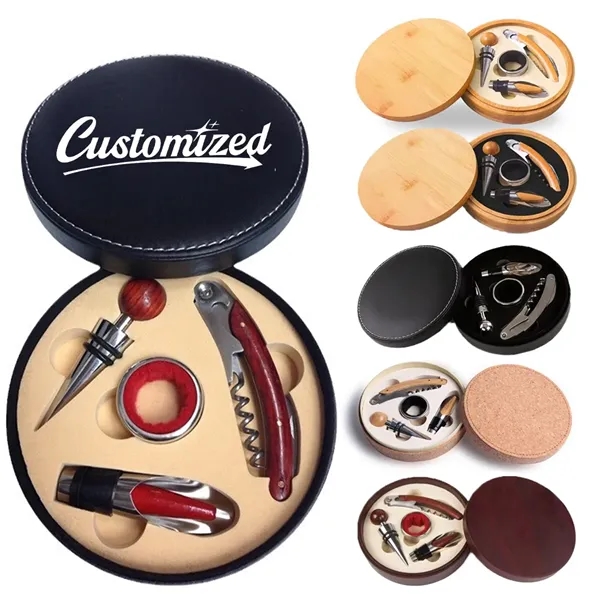 4-Piece Wine Tool Gift Set in Round Leather Case - 4-Piece Wine Tool Gift Set in Round Leather Case - Image 0 of 7