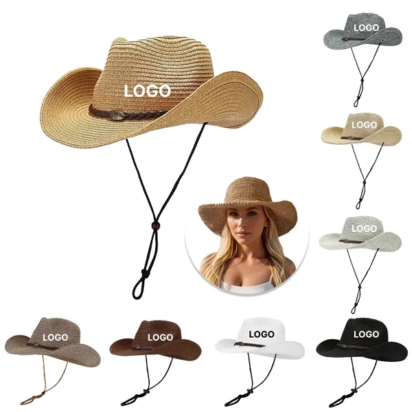 Western Style Wide Brim Straw Sun Hat with Chin Strap - Western Style Wide Brim Straw Sun Hat with Chin Strap - Image 0 of 4