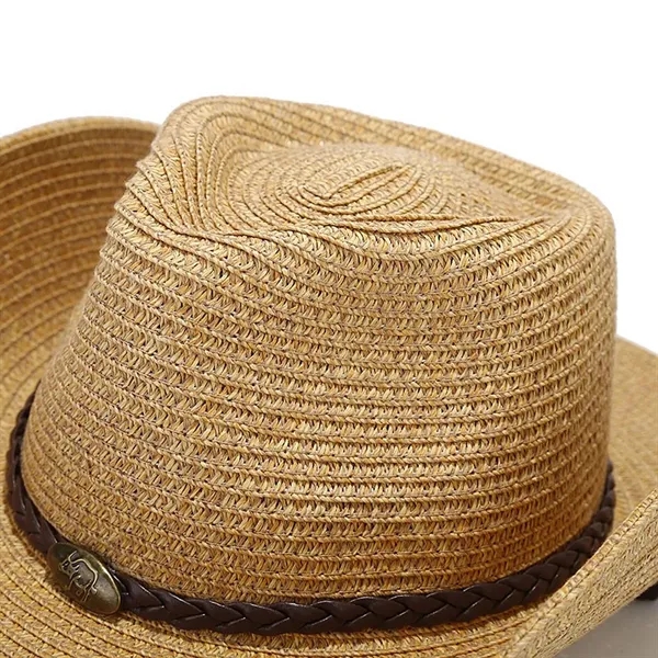 Western Style Wide Brim Straw Sun Hat with Chin Strap - Western Style Wide Brim Straw Sun Hat with Chin Strap - Image 2 of 4