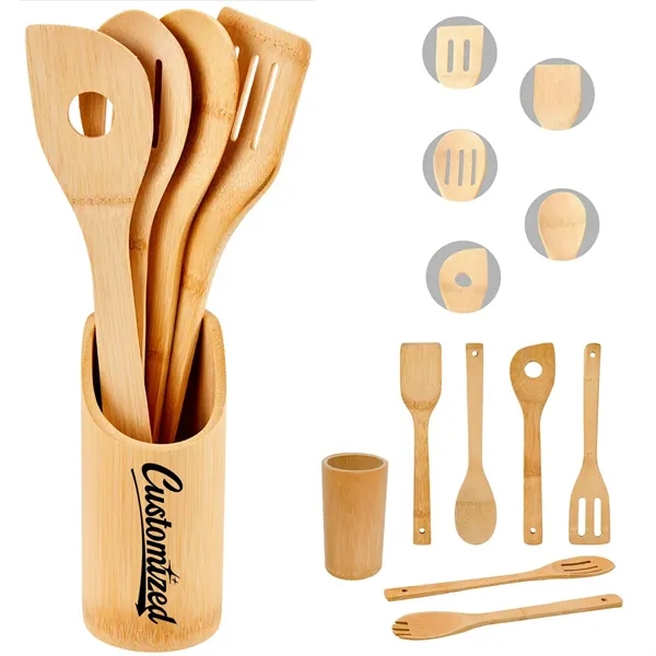 8 Piece Bamboo Cooking Utensil Set with Holder & Tongs - 8 Piece Bamboo Cooking Utensil Set with Holder & Tongs - Image 0 of 5