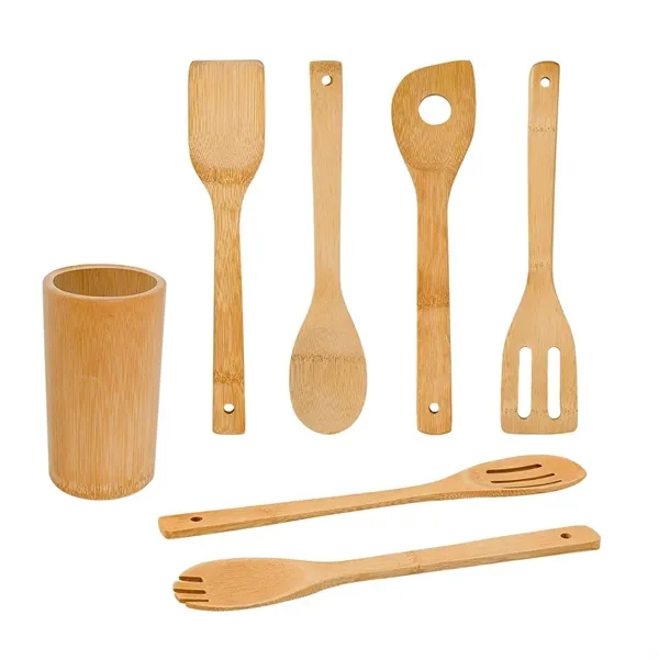 8 Piece Bamboo Cooking Utensil Set with Holder & Tongs - 8 Piece Bamboo Cooking Utensil Set with Holder & Tongs - Image 2 of 5