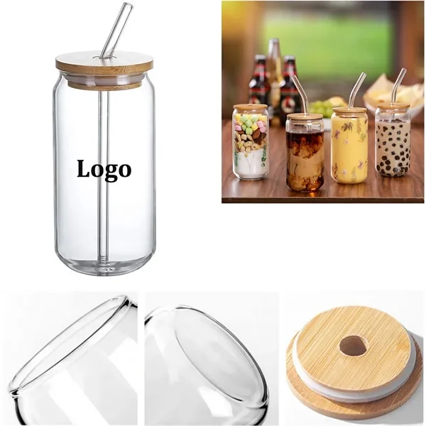 16Oz Pint Glass With Straw & Bamboo Lid - 16Oz Pint Glass With Straw & Bamboo Lid - Image 0 of 3