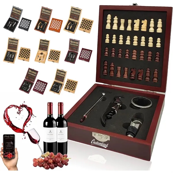 Wooden Chess and Wine Tool Gift Set with Game Board Lid - Wooden Chess and Wine Tool Gift Set with Game Board Lid - Image 0 of 13