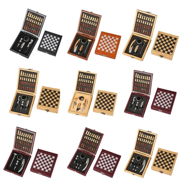 Wooden Chess and Wine Tool Gift Set with Game Board Lid - Wooden Chess and Wine Tool Gift Set with Game Board Lid - Image 2 of 13