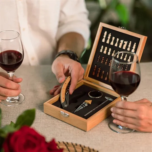 Wooden Chess and Wine Tool Gift Set with Game Board Lid - Wooden Chess and Wine Tool Gift Set with Game Board Lid - Image 7 of 13