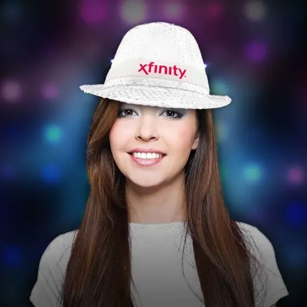White Sequin LED Fedora Hat (Imprintable Bands Available) - White Sequin LED Fedora Hat (Imprintable Bands Available) - Image 0 of 5