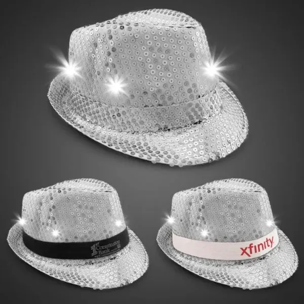 Silver Sequin LED Fedora Hat (Imprintable Bands Available) - Silver Sequin LED Fedora Hat (Imprintable Bands Available) - Image 1 of 5