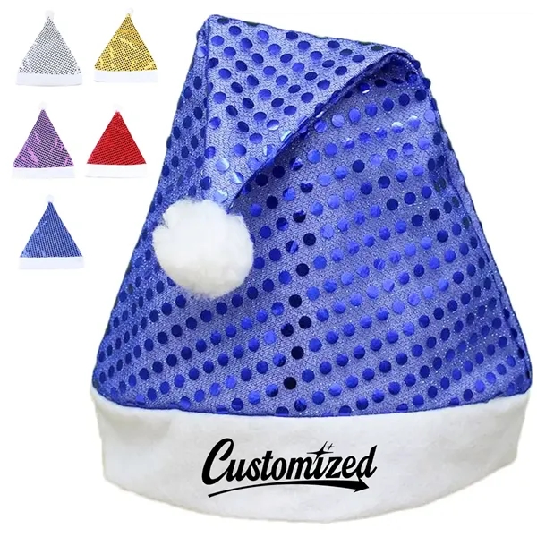 Sequin Christmas Santa Hat with Pom and Custom Logo Band - Sequin Christmas Santa Hat with Pom and Custom Logo Band - Image 0 of 5