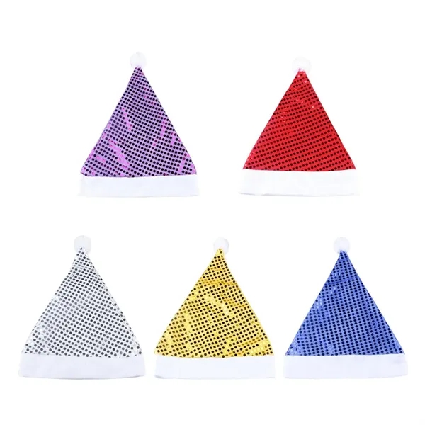 Sequin Christmas Santa Hat with Pom and Custom Logo Band - Sequin Christmas Santa Hat with Pom and Custom Logo Band - Image 2 of 5