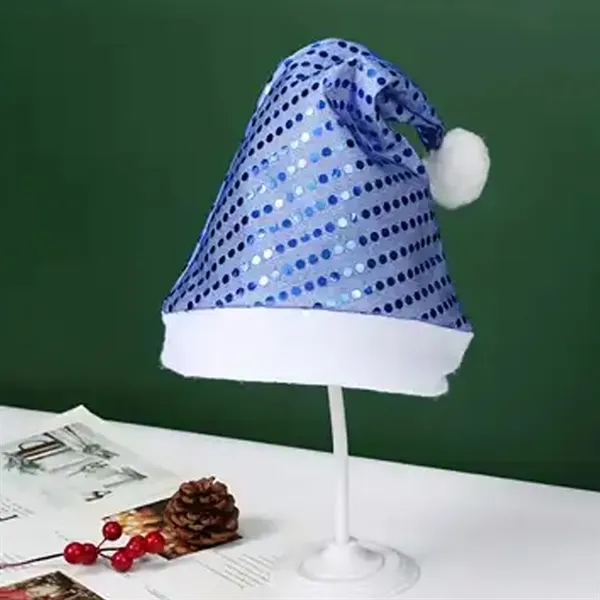 Sequin Christmas Santa Hat with Pom and Custom Logo Band - Sequin Christmas Santa Hat with Pom and Custom Logo Band - Image 3 of 5