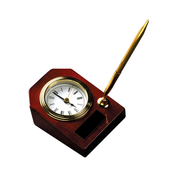 3 5/8" x 4 3/4" Rosewood Piano Finish Desk Clock with Pen - 3 5/8" x 4 3/4" Rosewood Piano Finish Desk Clock with Pen - Image 1 of 1
