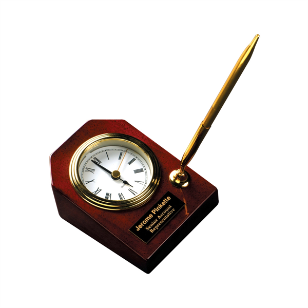 3 5/8" x 4 3/4" Rosewood Piano Finish Desk Clock with Pen - 3 5/8" x 4 3/4" Rosewood Piano Finish Desk Clock with Pen - Image 0 of 1