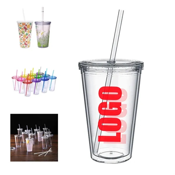 16OZ Double Layer Plastic Straw Cup - 16OZ Double Layer Plastic Straw Cup - Image 0 of 4