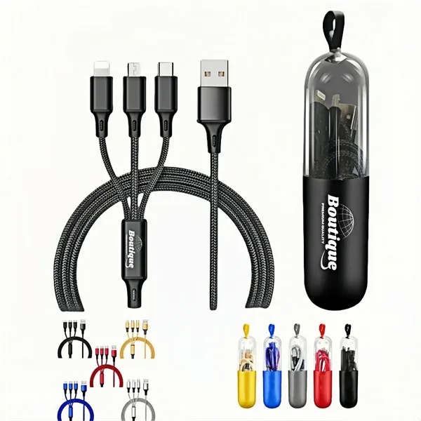 3 In 1 Fast Charging Cable In Capsule Case With Key Loop - 3 In 1 Fast Charging Cable In Capsule Case With Key Loop - Image 0 of 4
