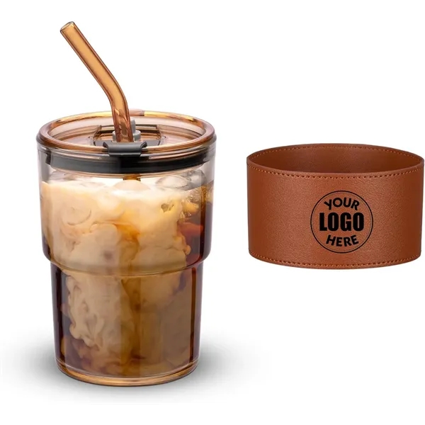 13oz Insulated Glass Tumbler with Straw & Leather Cover - 13oz Insulated Glass Tumbler with Straw & Leather Cover - Image 0 of 9