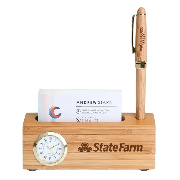 Bamboo Business Card and Pen Holder Clock - Bamboo Business Card and Pen Holder Clock - Image 0 of 4