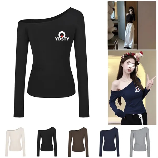 Slim-Fit Off-Shoulder Long-Sleeve T-Shirt - Slim-Fit Off-Shoulder Long-Sleeve T-Shirt - Image 0 of 5