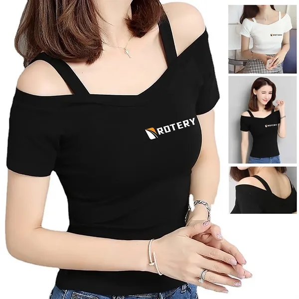 Off-Shoulder Strap Short-Sleeve T-Shirt - Off-Shoulder Strap Short-Sleeve T-Shirt - Image 0 of 2