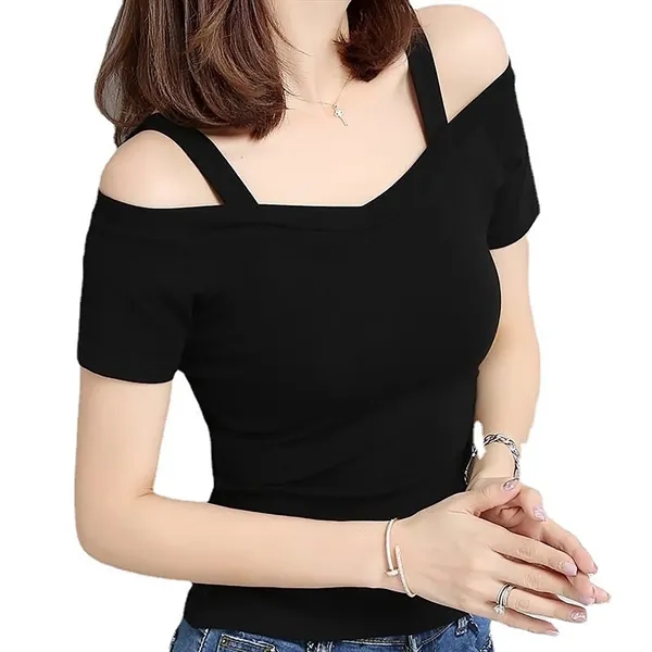Off-Shoulder Strap Short-Sleeve T-Shirt - Off-Shoulder Strap Short-Sleeve T-Shirt - Image 1 of 2