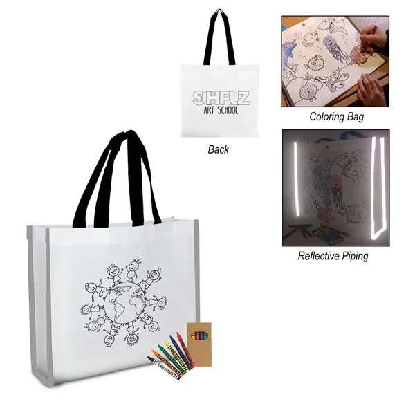 Reflective Non-Woven Coloring Tote Bag With Crayons - Reflective Non-Woven Coloring Tote Bag With Crayons - Image 0 of 2